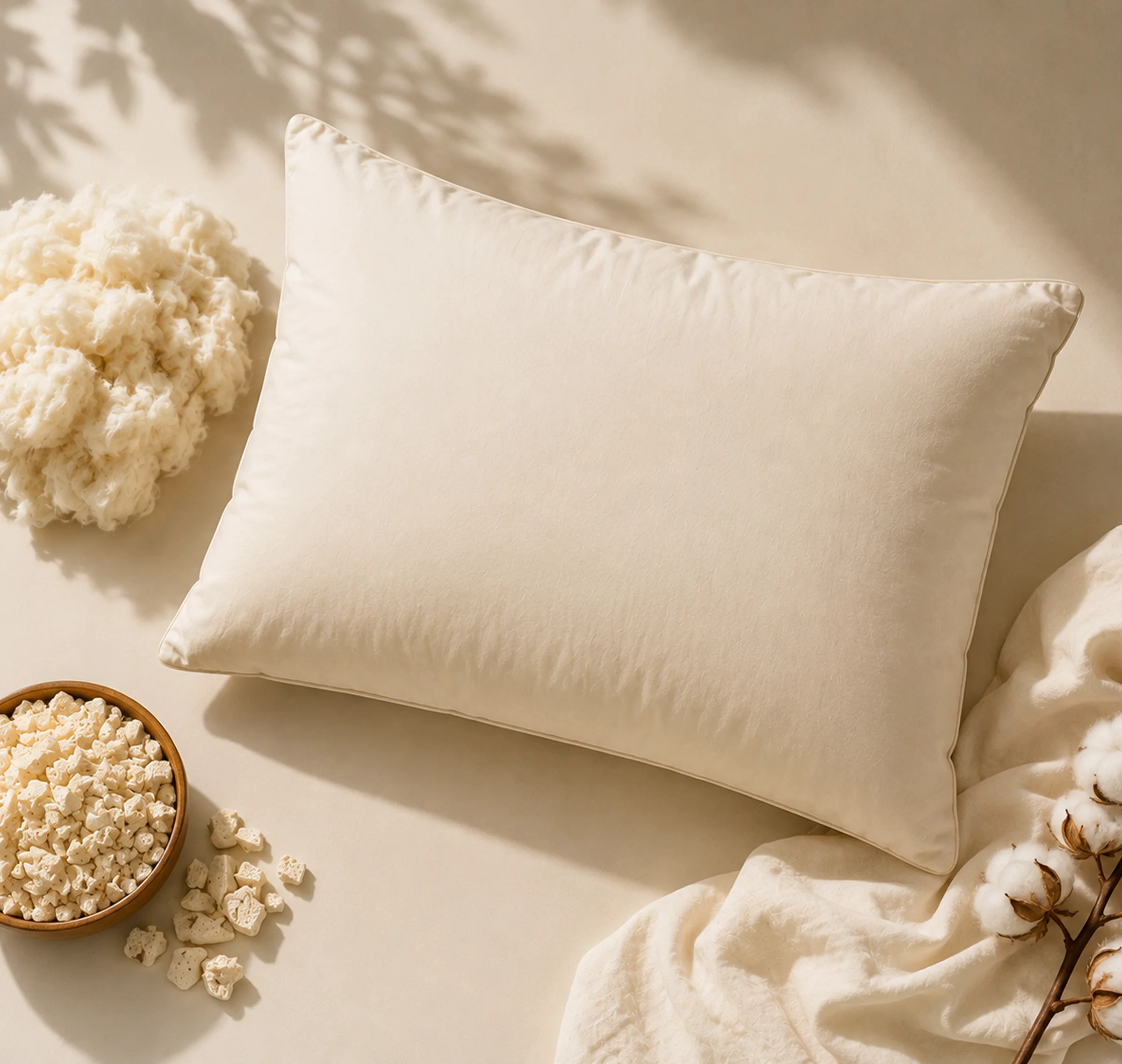 An off-white pillow on a flat surface with its raw materials: cotton, stuffing, and a cotton plant.