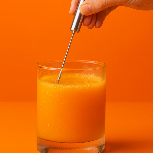 A hand uses a handheld milk frother to mix an orange-colored drink in a glass against an orange background.