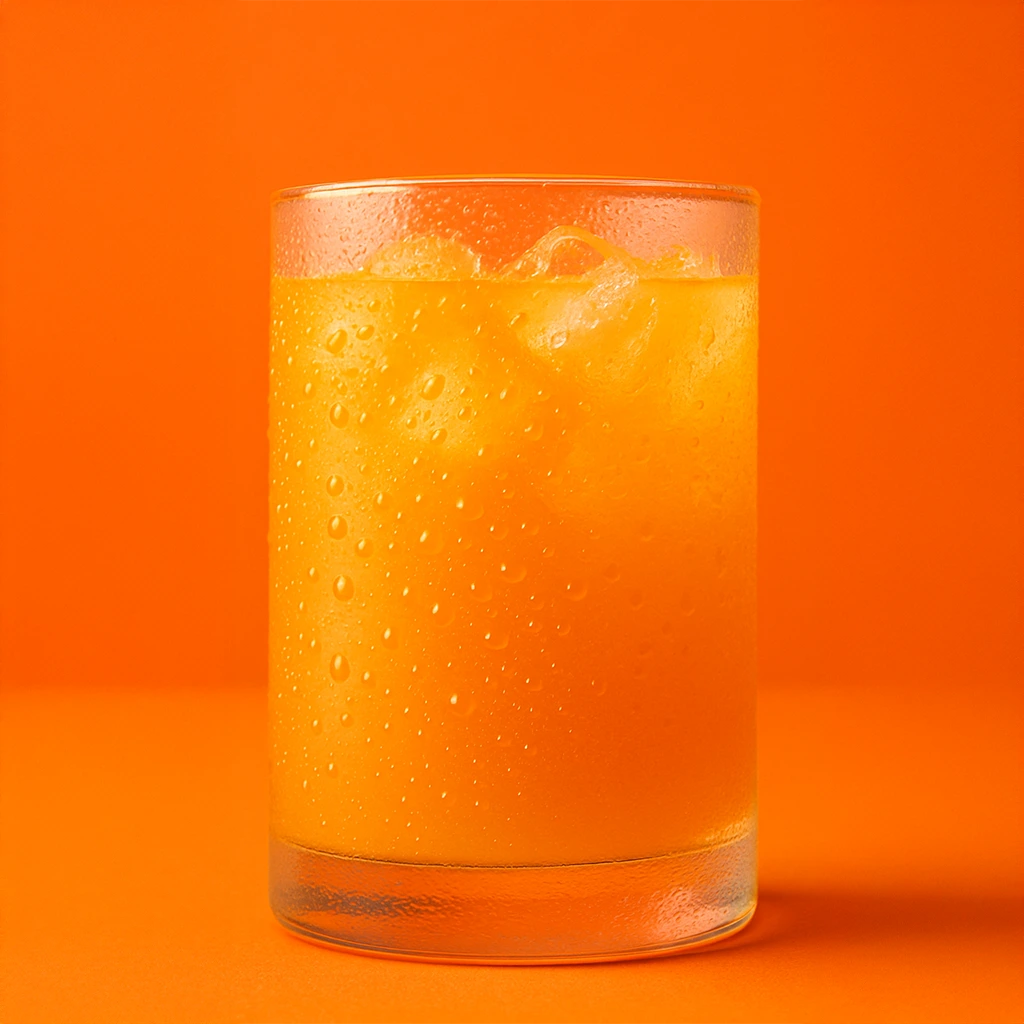 Glass of orange juice with ice and condensation on orange background.