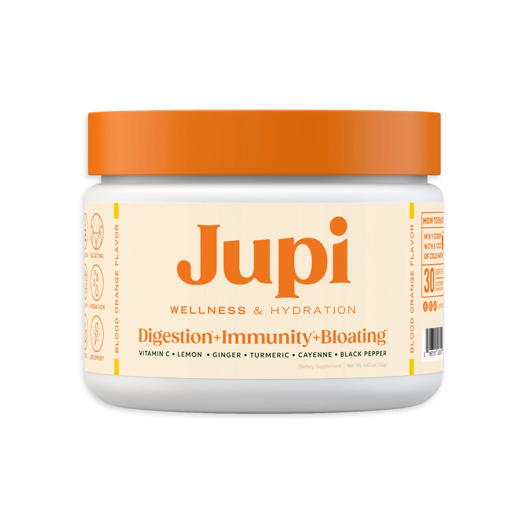 Jupi wellness supplement jar with orange lid and label for digestion, immunity, and bloating.