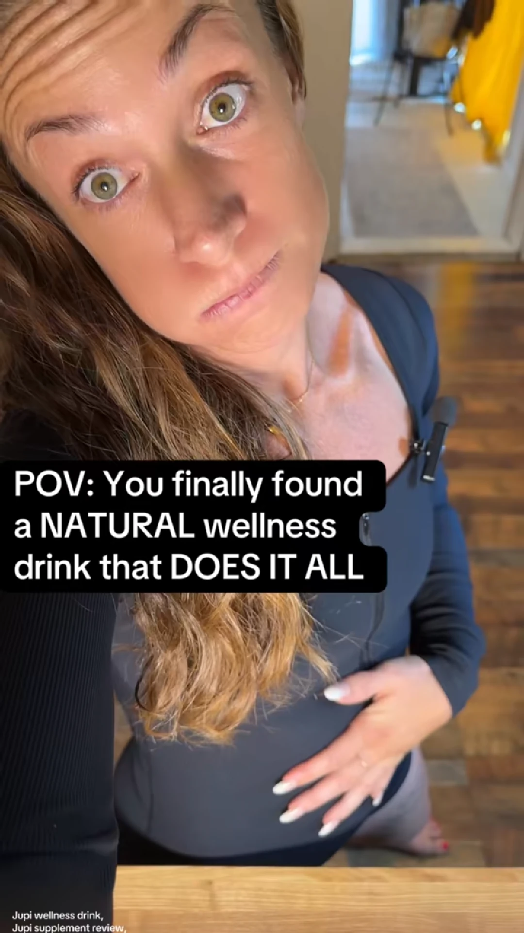 Person looking up with text about a natural wellness drink.