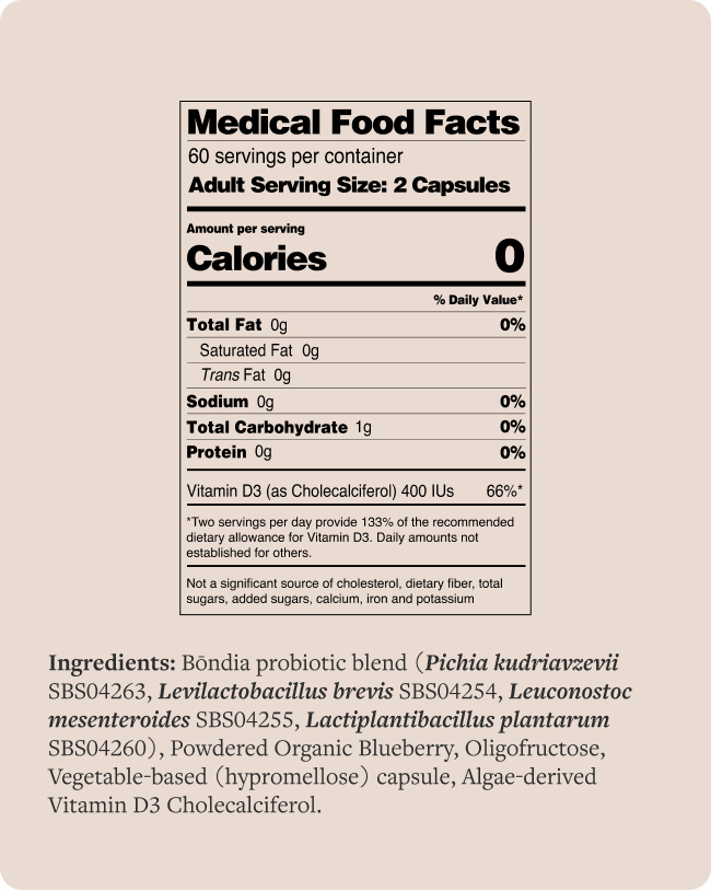 A Medical Food Facts label listing nutritional information and ingredients for a dietary supplement.