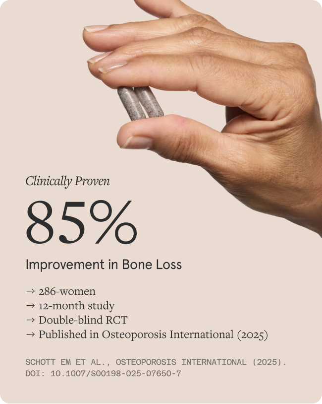 A hand holds two capsules over text claiming an 85% improvement in bone loss, with study details.