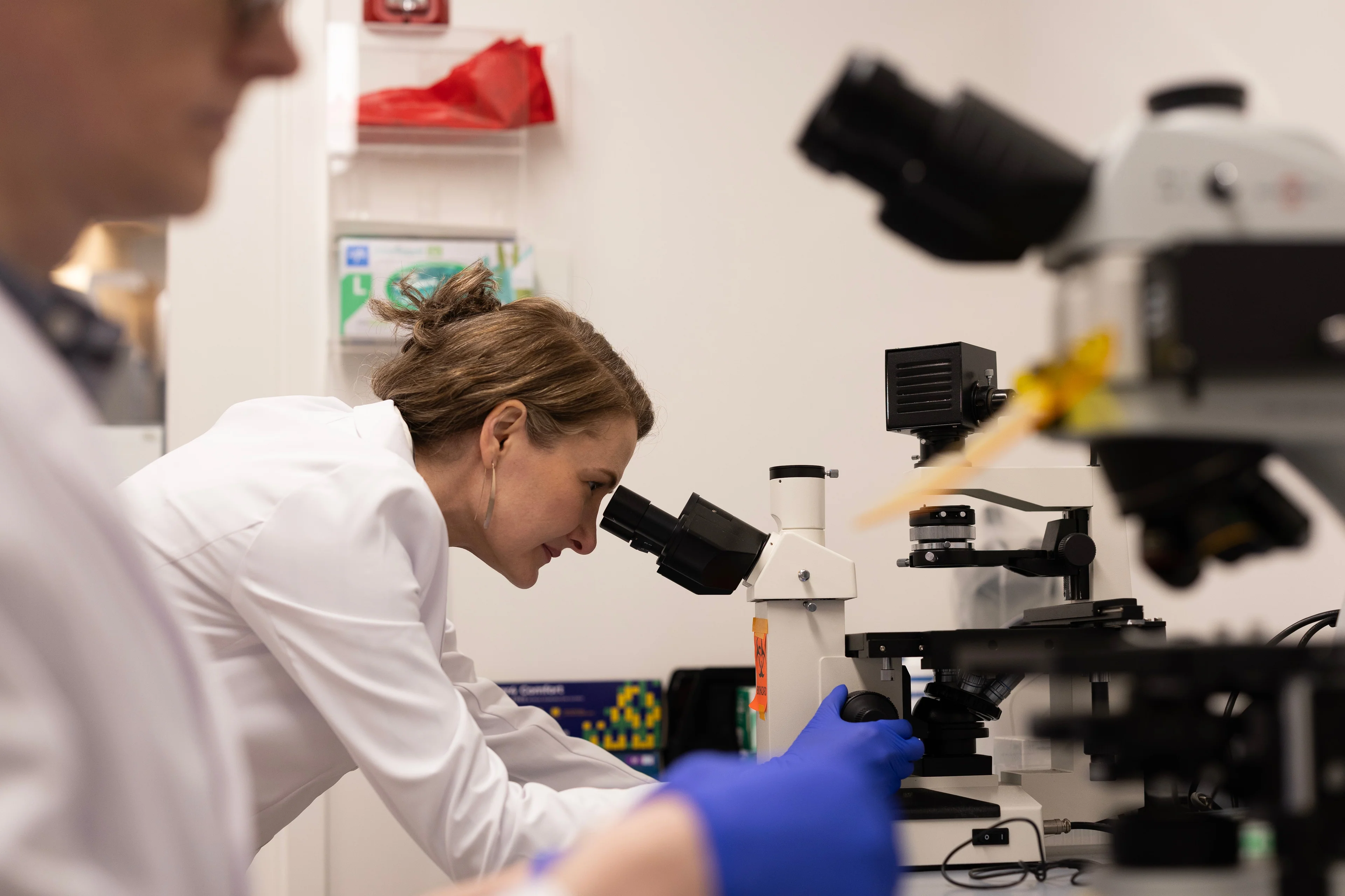 A female scientist in a white lab coat looks into a microscope while wearing blue gloves.