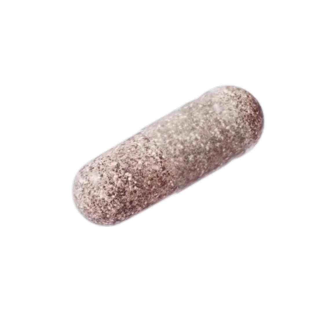 Brown speckled capsule on a plain background.