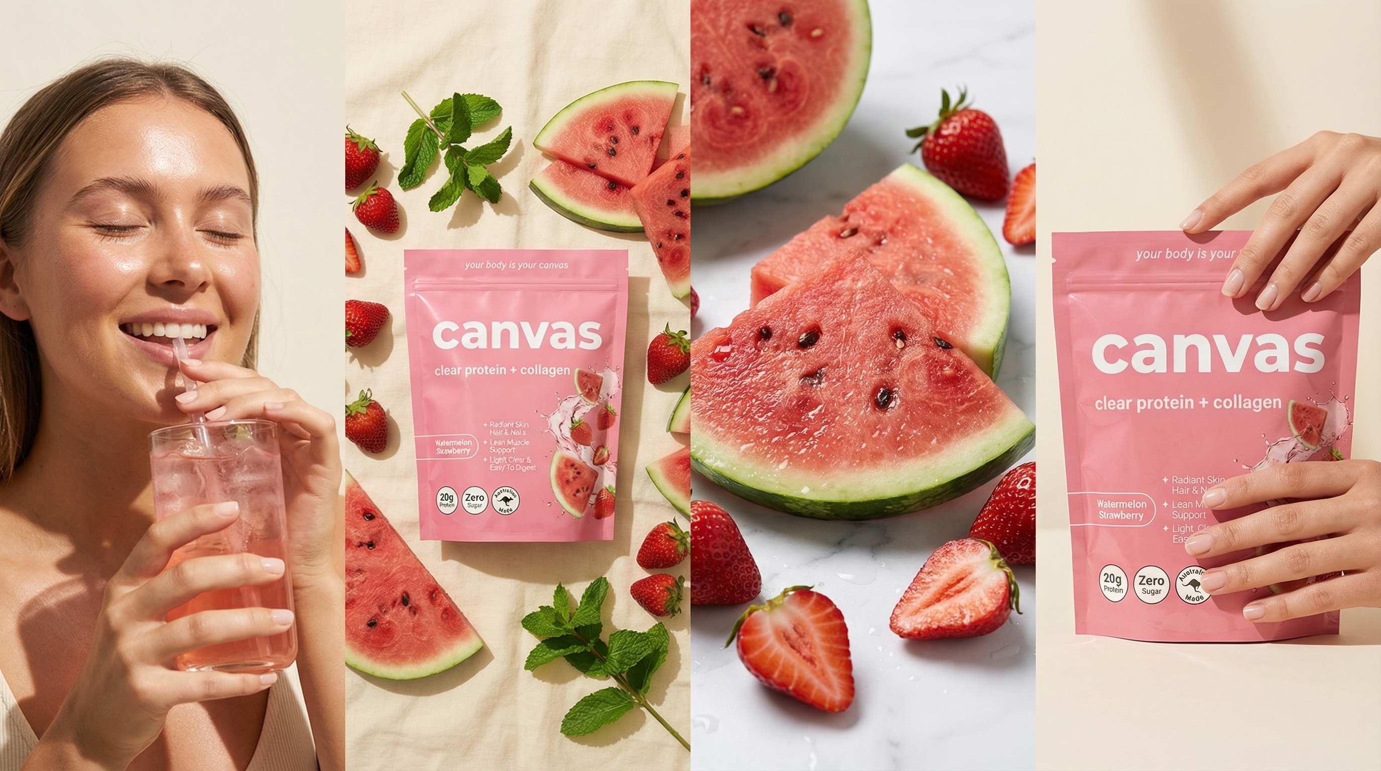 A collage showing a woman drinking a pink beverage and a pouch of Canvas protein with watermelon and strawberries.