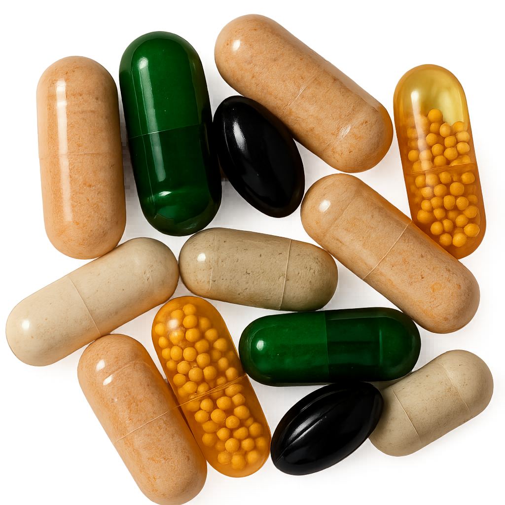 Assorted capsules and pills in various colors and sizes on a neutral background.