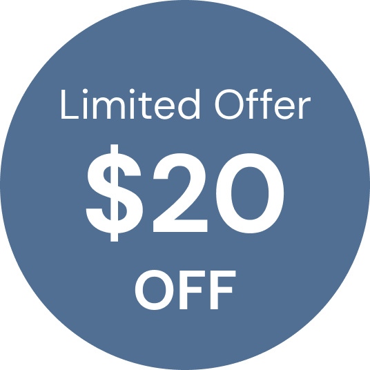 Blue circle with text: 'Limited Offer $20 OFF'.