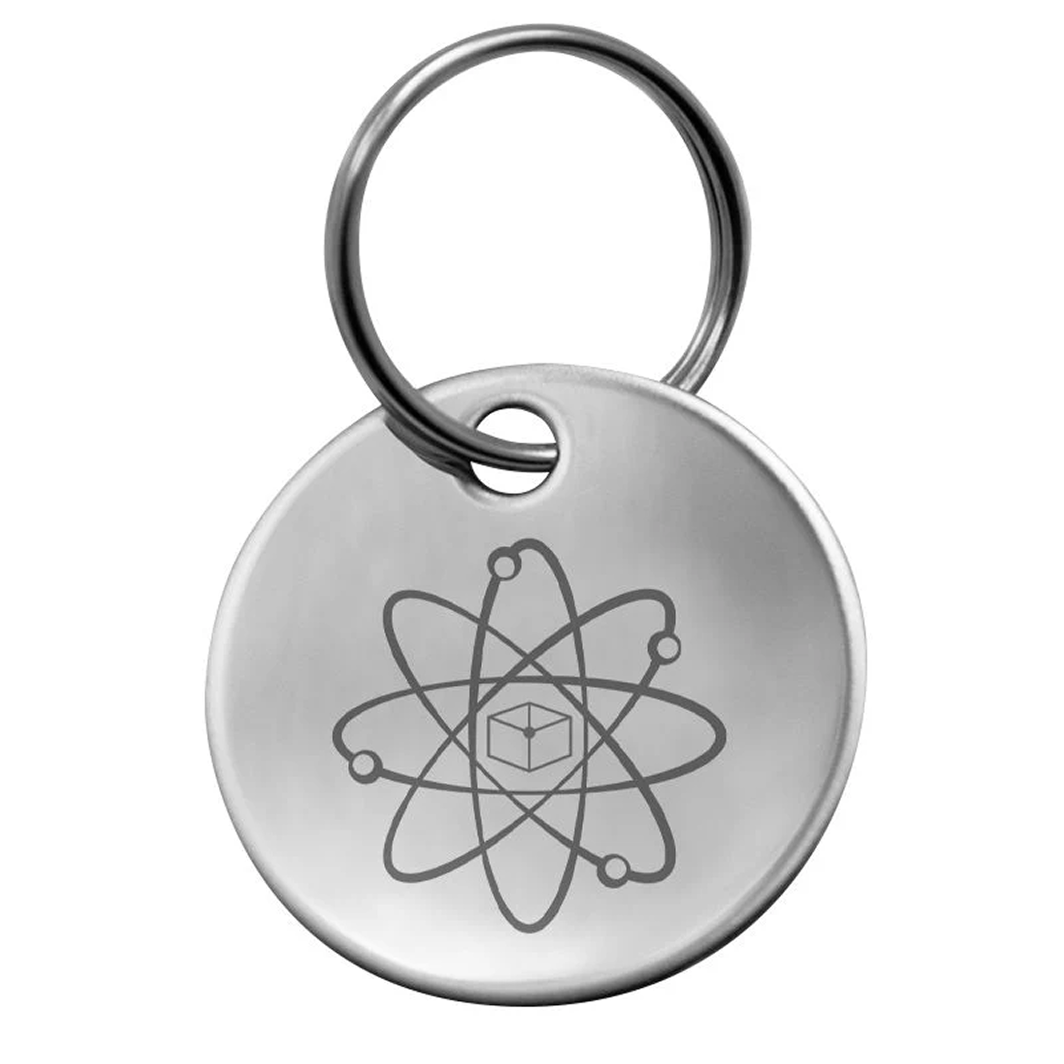 Silver keychain with an atomic symbol engraved on a round metal tag.