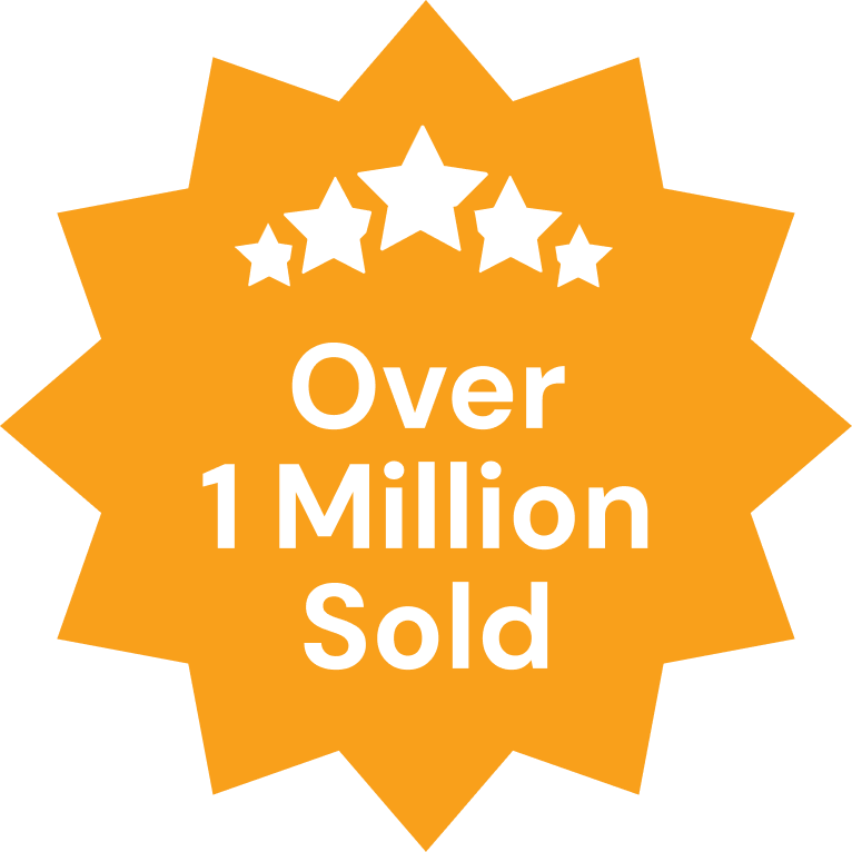 Orange starburst with text 'Over 1 Million Sold' and five stars.