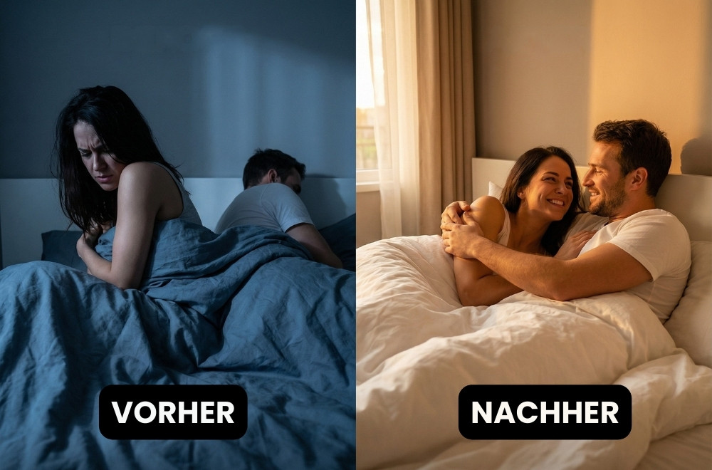 A before-and-after diptych of a couple in bed, first looking unhappy and then looking happy and embracing.