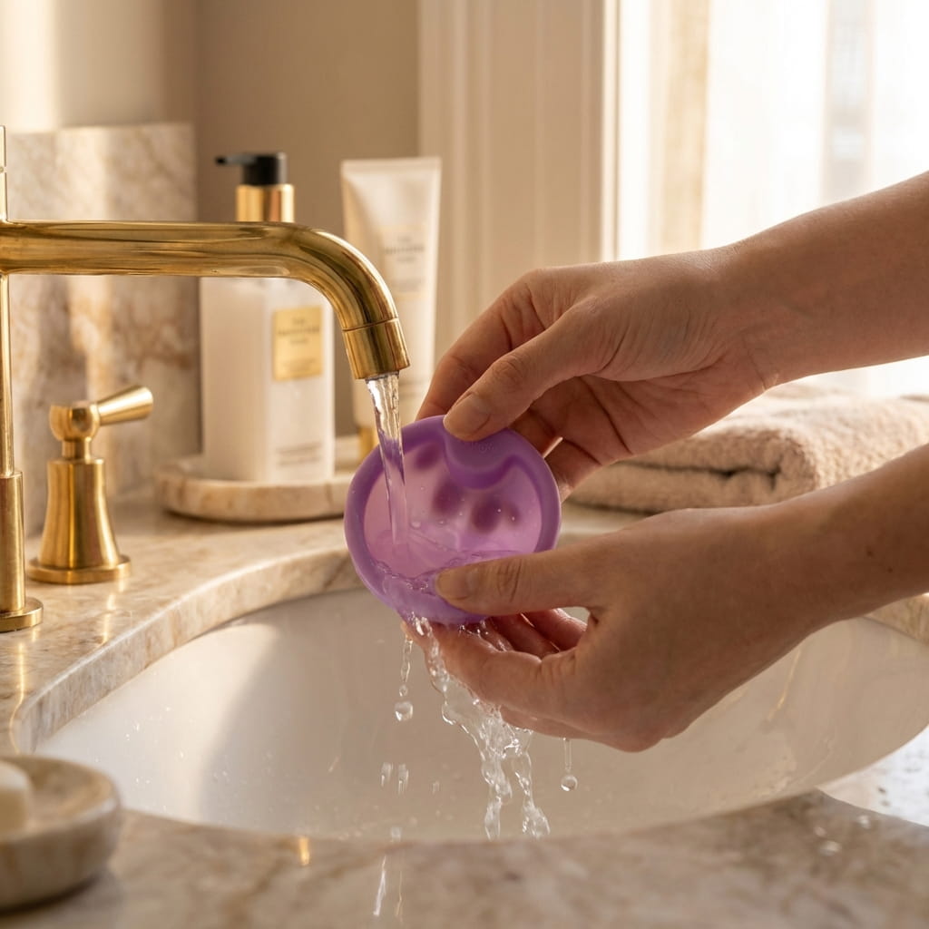 A person washes a purple silicone cup under running water from a gold faucet over a sink.