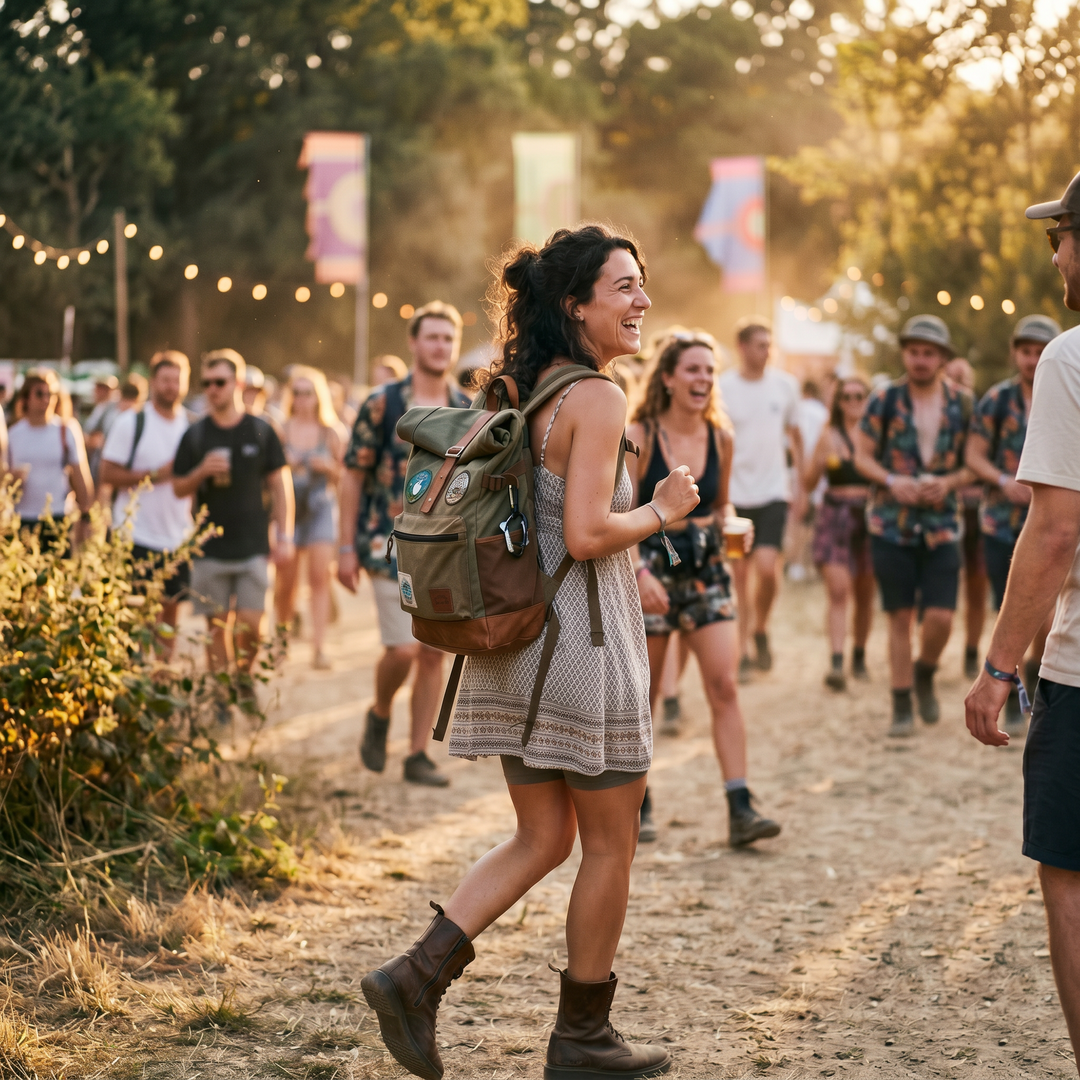 A smiling woman with a backpack walks through a crowd at an outdoor festival at golden hour.