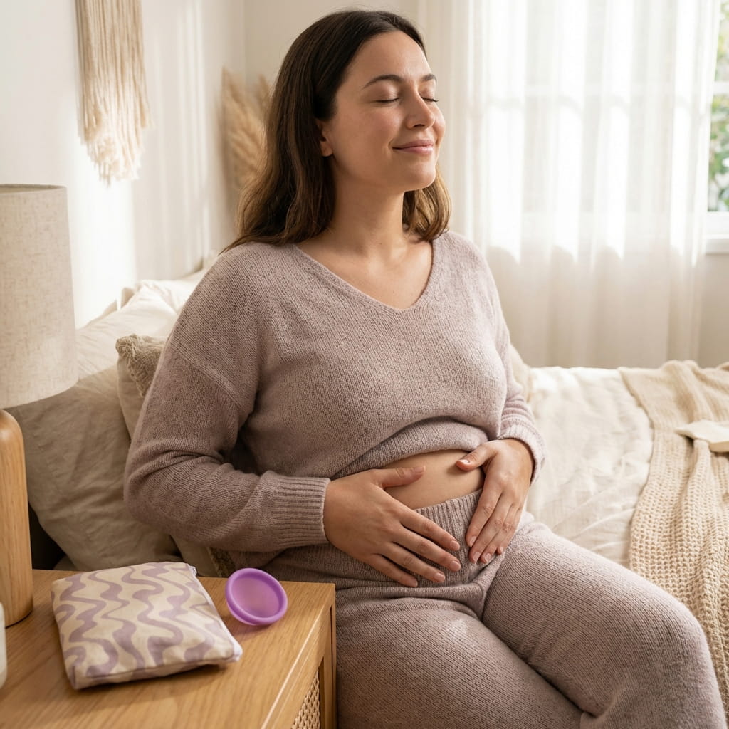 A pregnant woman sits on a bed, smiling with her eyes closed while holding her belly.