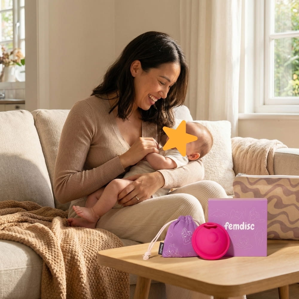 A woman smiles while holding a baby, with Femdisc menstrual products displayed on a coffee table.