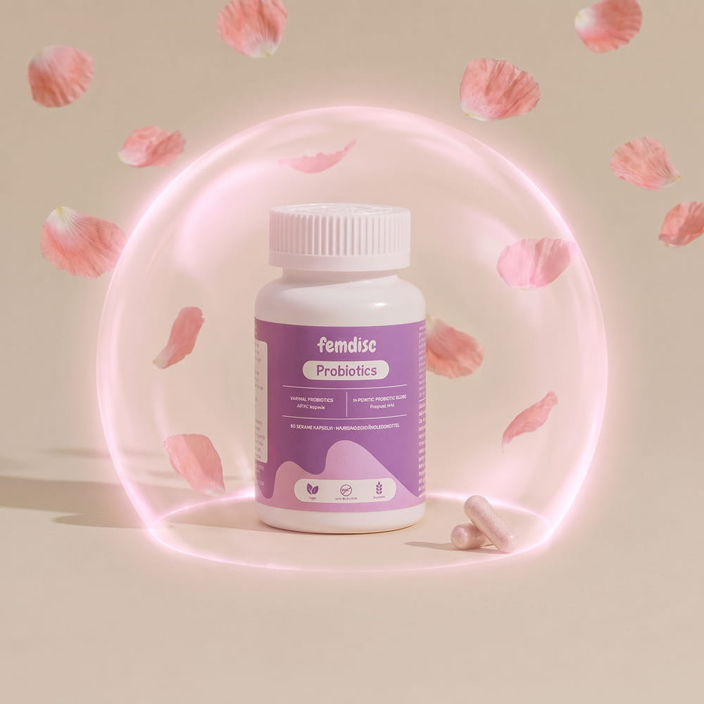 A white bottle of Femdisc Probiotics in a glowing pink bubble, surrounded by floating pink flower petals.