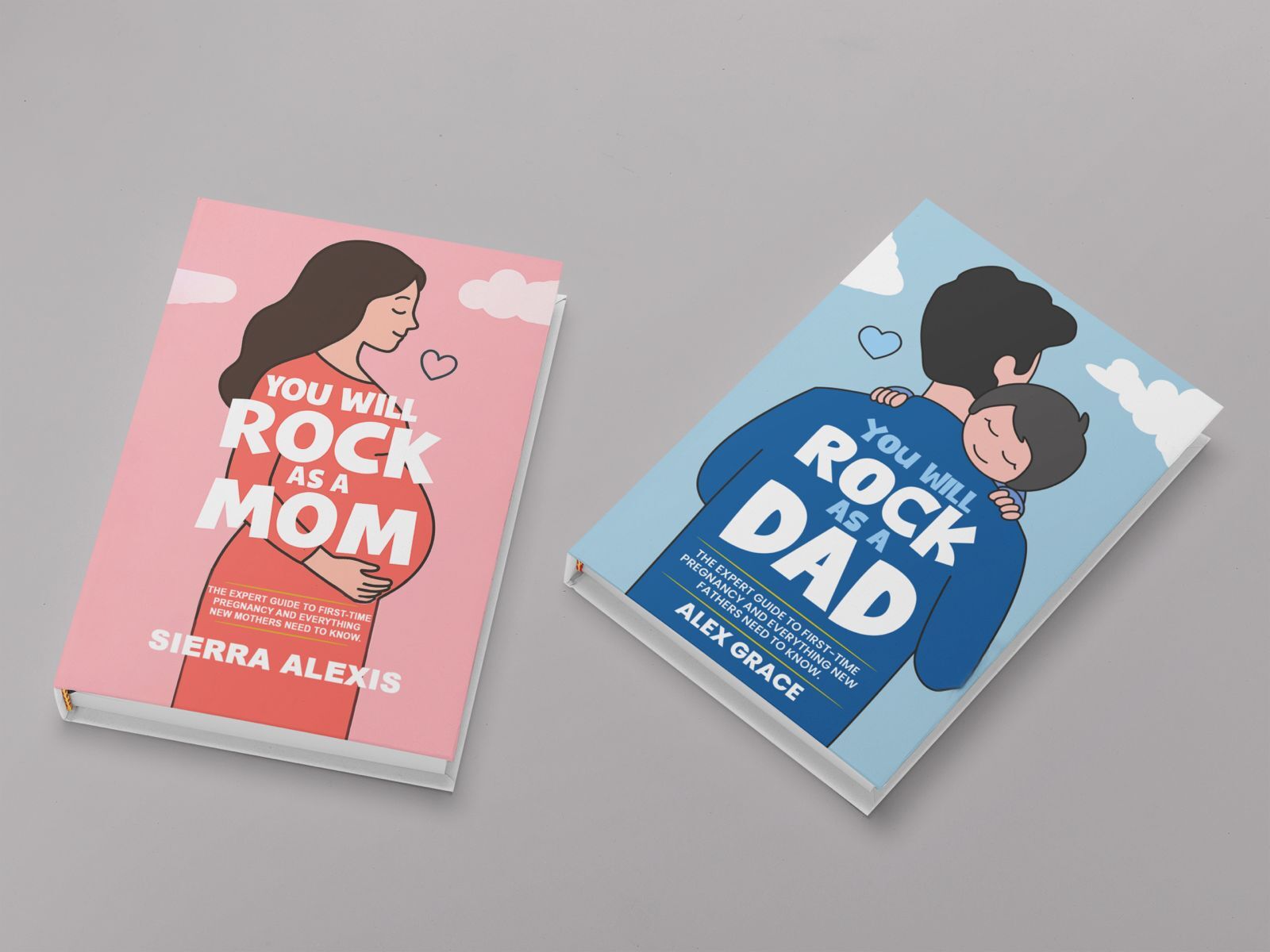 Two illustrated parenting books titled 'You Will Rock as a Mom' and 'You Will Rock as a Dad.'
