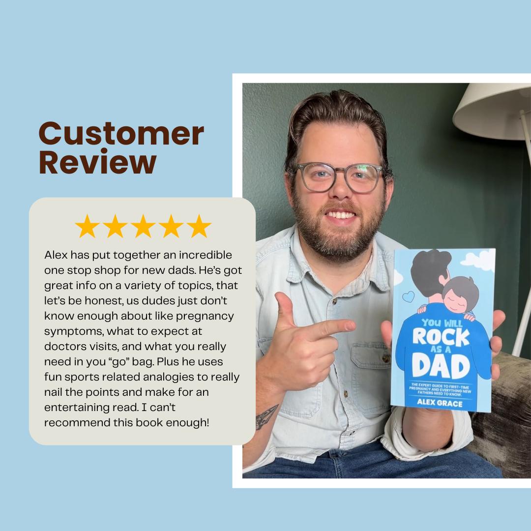 Man holding book titled 'You Will Rock as a Dad' with five-star customer review text.