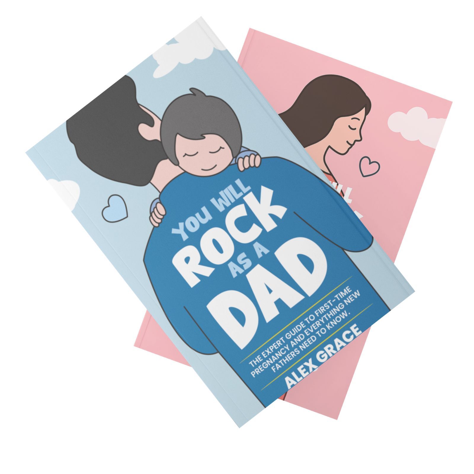 Two illustrated parenting books, one blue and one pink, partially overlapping.