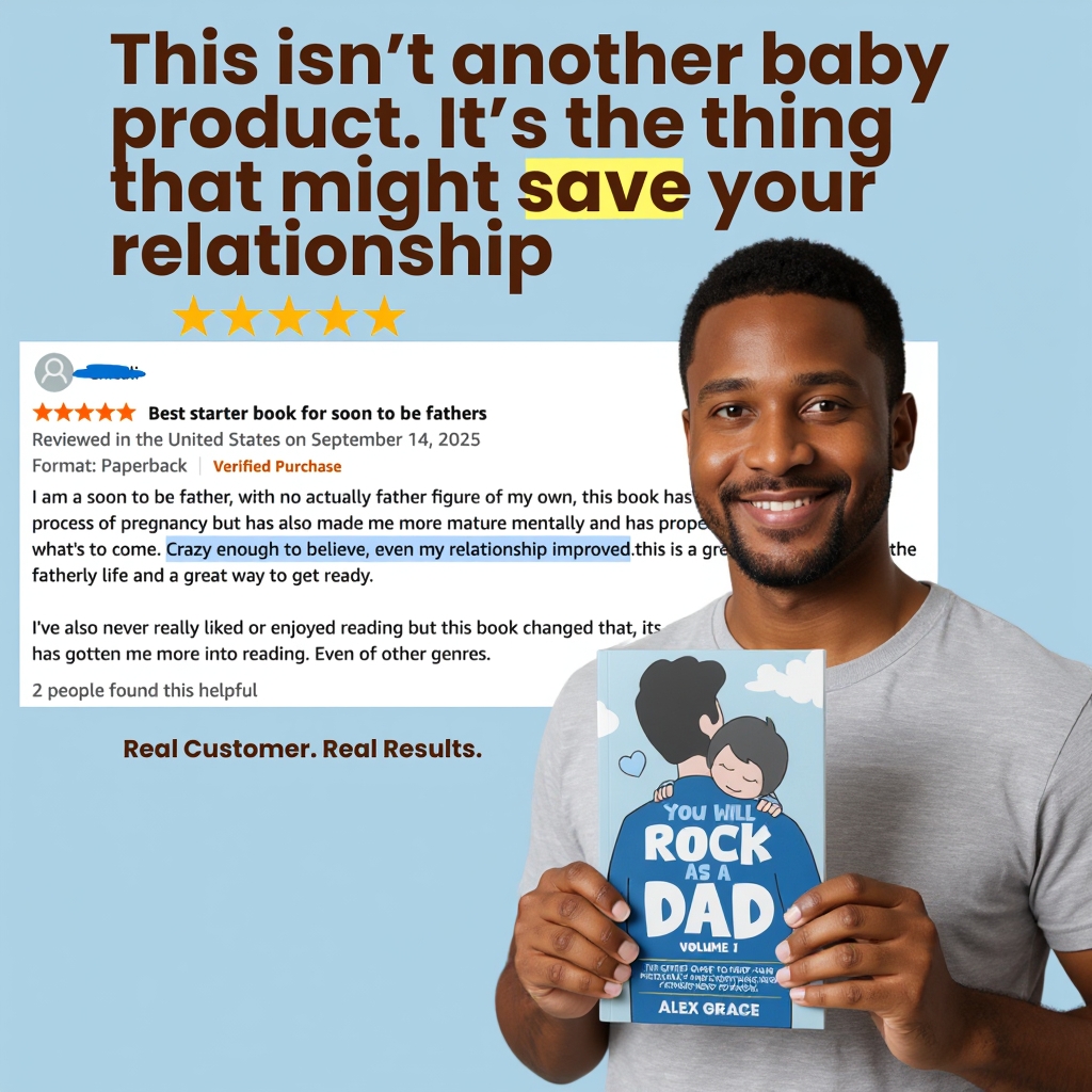 Man holding a parenting book with a positive review and bold text promoting relationship improvement.