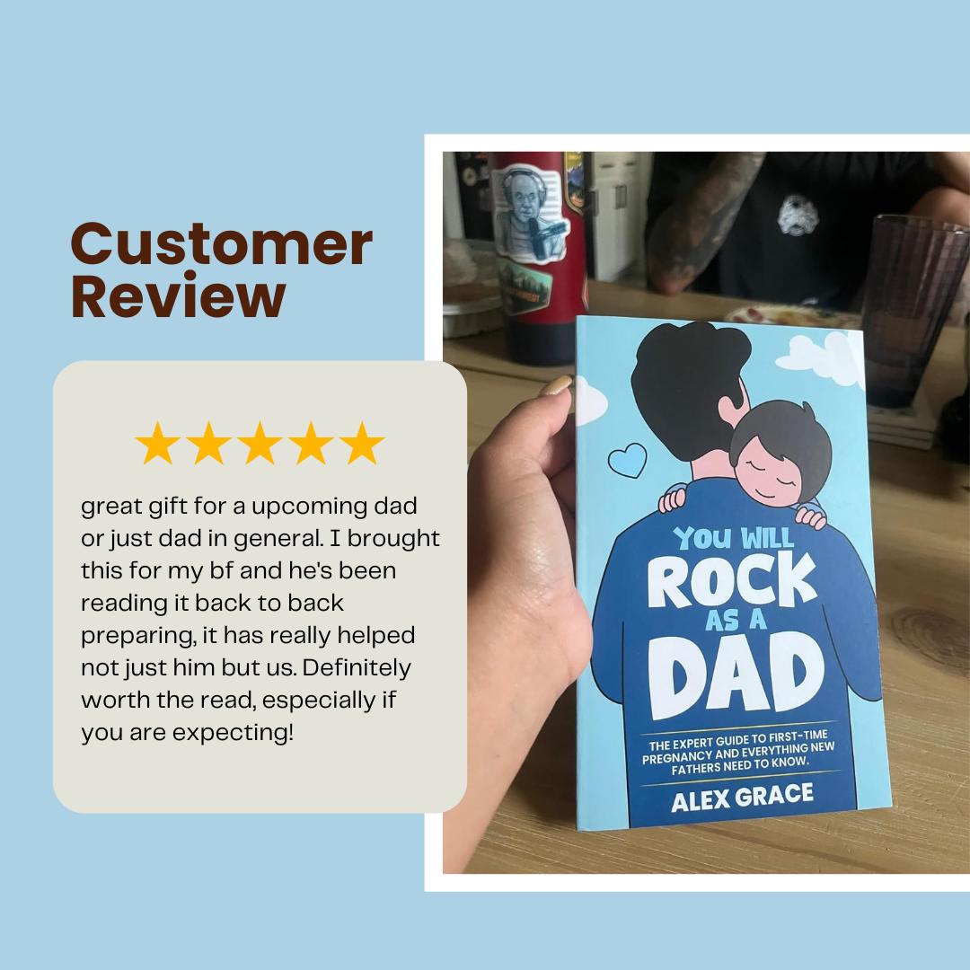 Person holding a book titled 'You Will Rock as a Dad' next to a customer review.