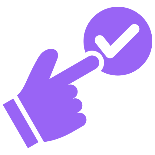 Purple hand icon pointing at a checkmark.