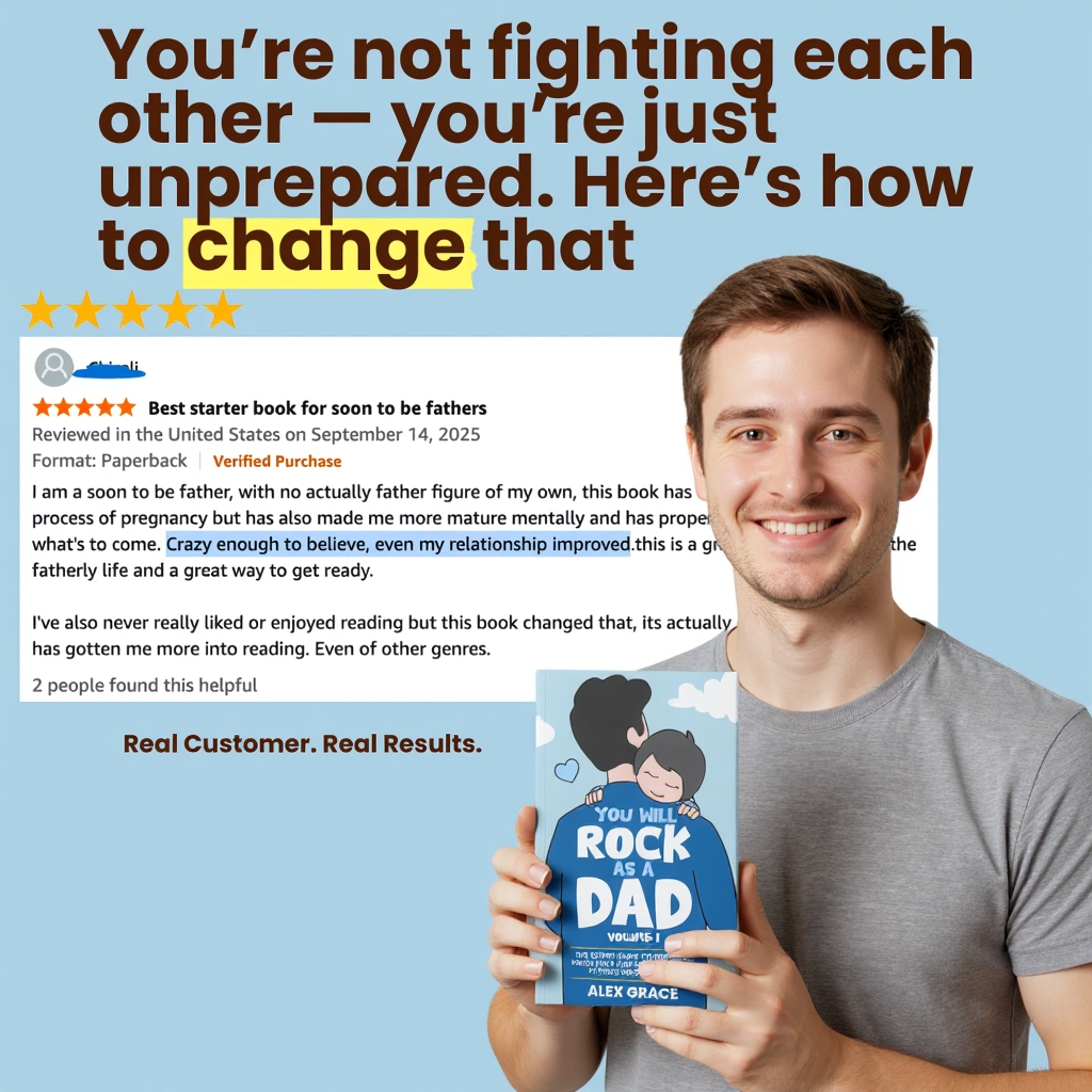 Smiling man holding a book titled 'You Will Rock as a Dad' with a review in the background.