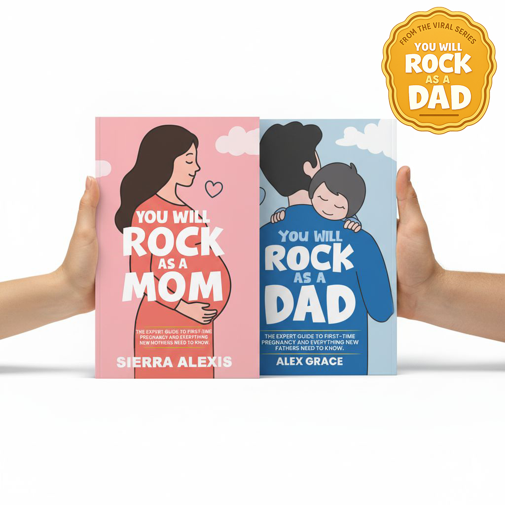 Two hands holding books titled 'You Will Rock as a Mom' and 'You Will Rock as a Dad.'