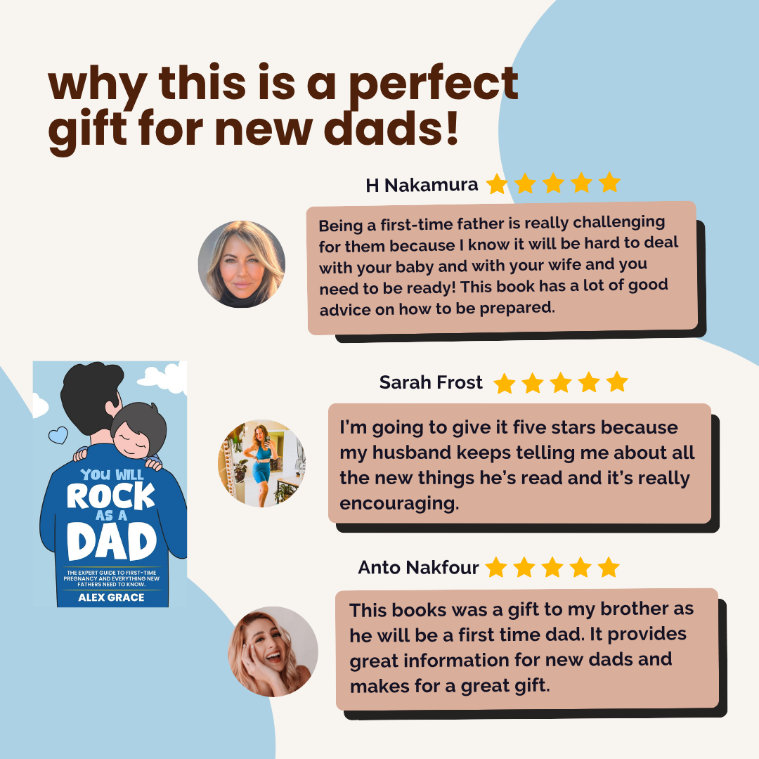 Book cover with reviews praising it as a great gift for new dads.