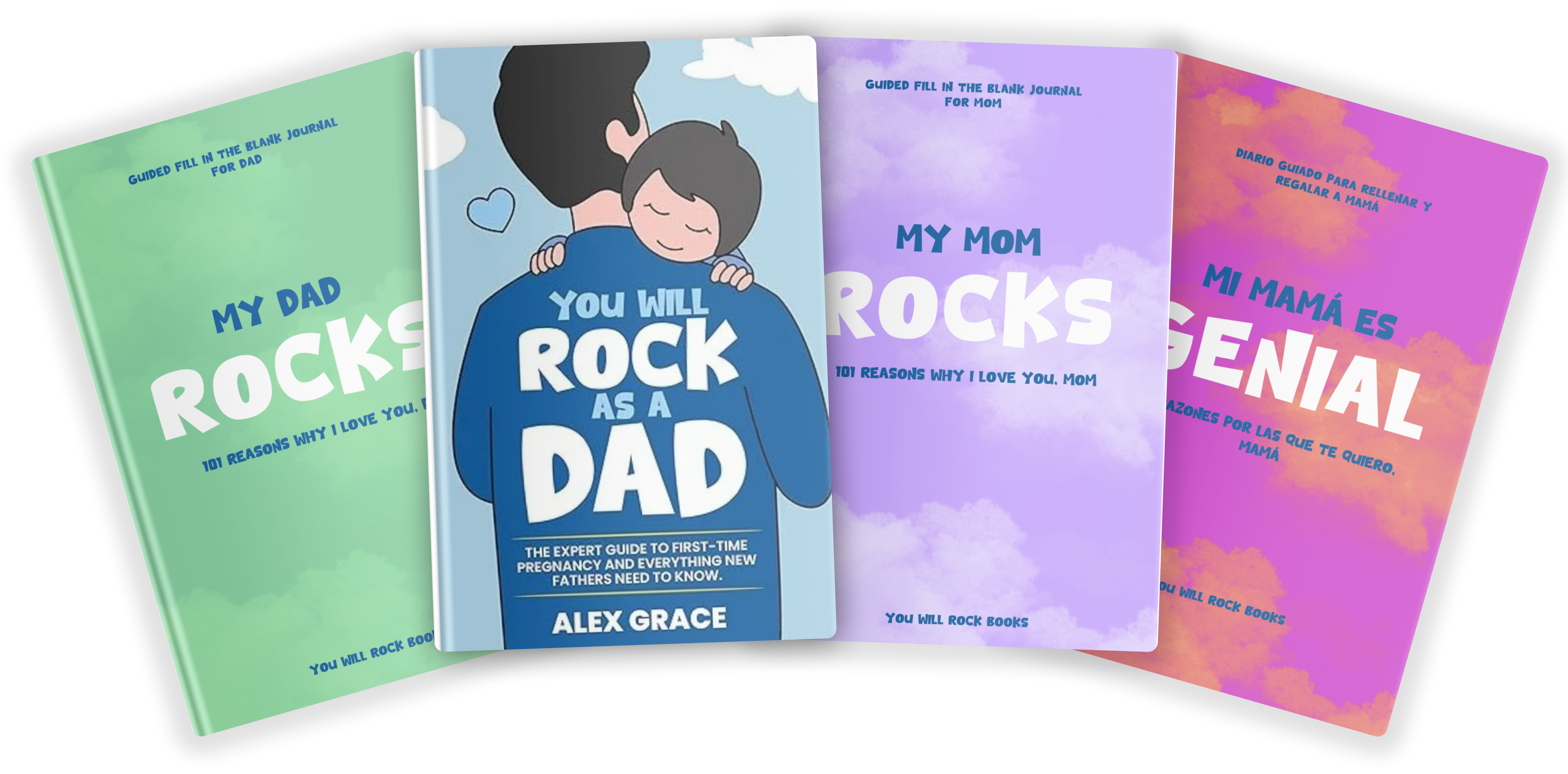 Four colorful book covers with titles about parents, including 'You Will Rock as a Dad.'