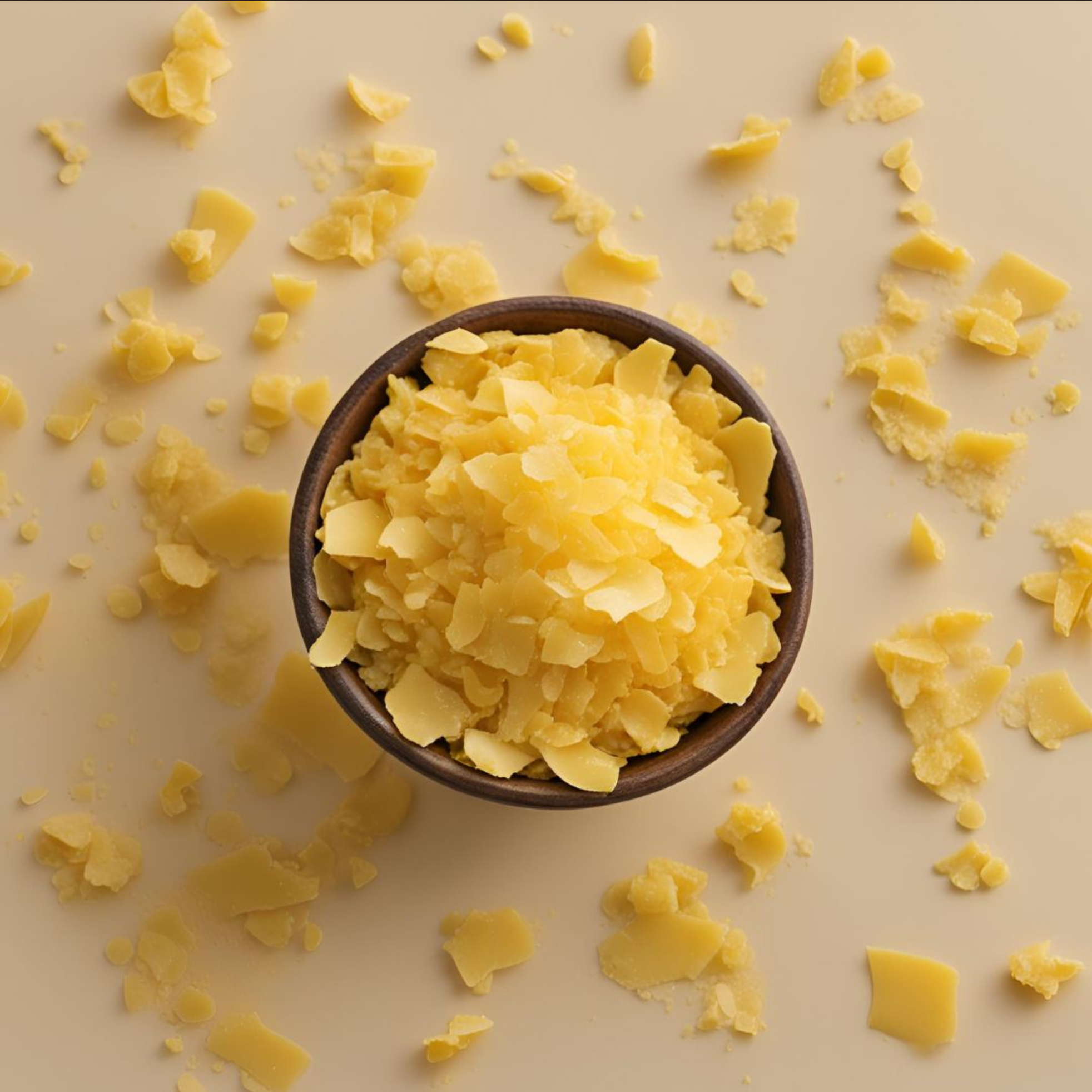 A bowl filled with yellow flakes, scattered on a surface.