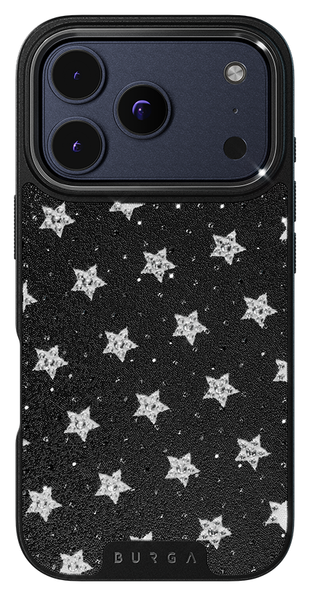 Phone case with white stars on a black background.