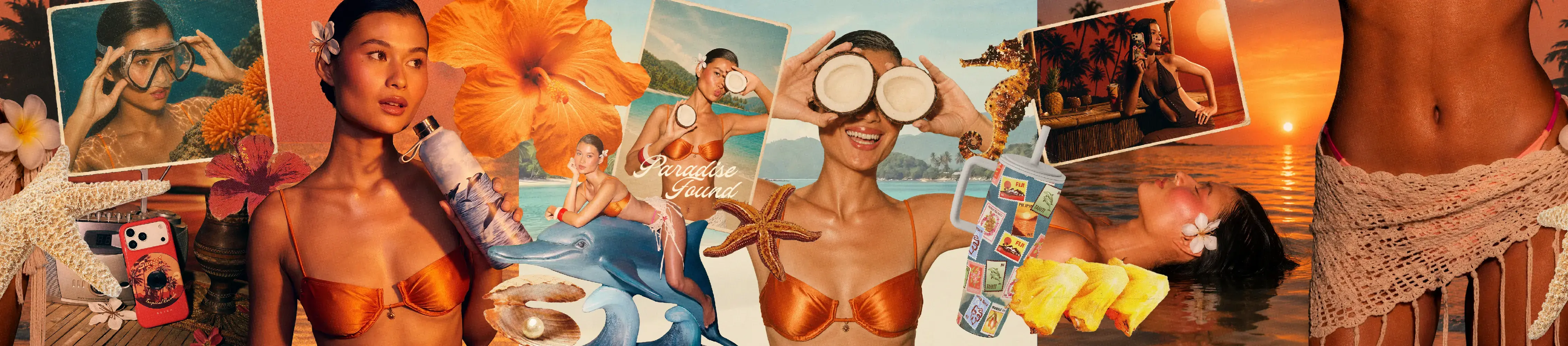 A photo collage of a woman on a tropical beach vacation, with flowers, coconuts, and swimwear.