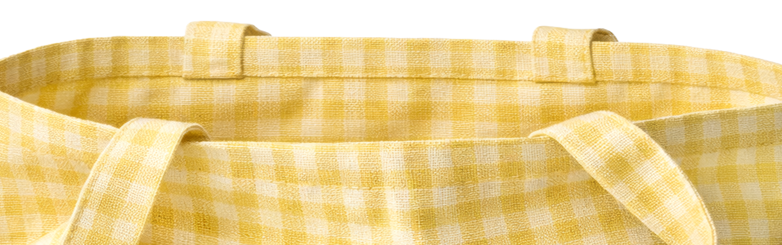 A close-up of a yellow and white gingham tote bag against a white background.