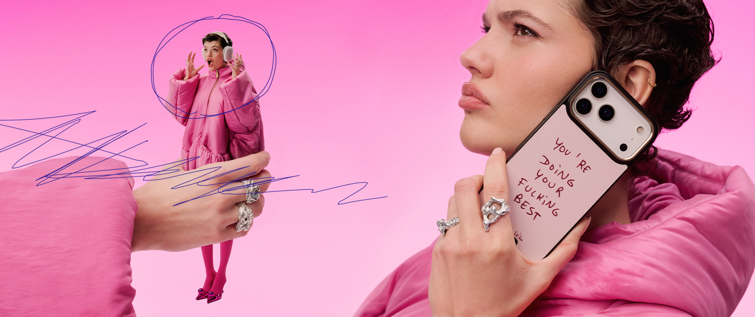 Person in pink holding a phone with a motivational message.