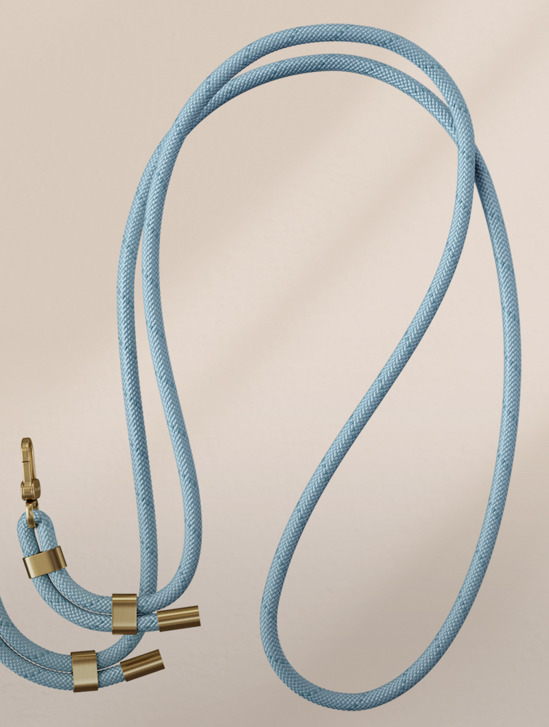 A light blue braided cord strap with gold-colored metal hardware against a plain light background.