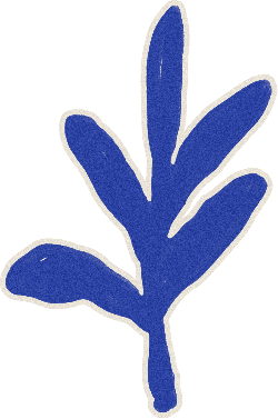 A stylized illustration of a blue leaf sprig with a thick, light-colored outline on a white background.
