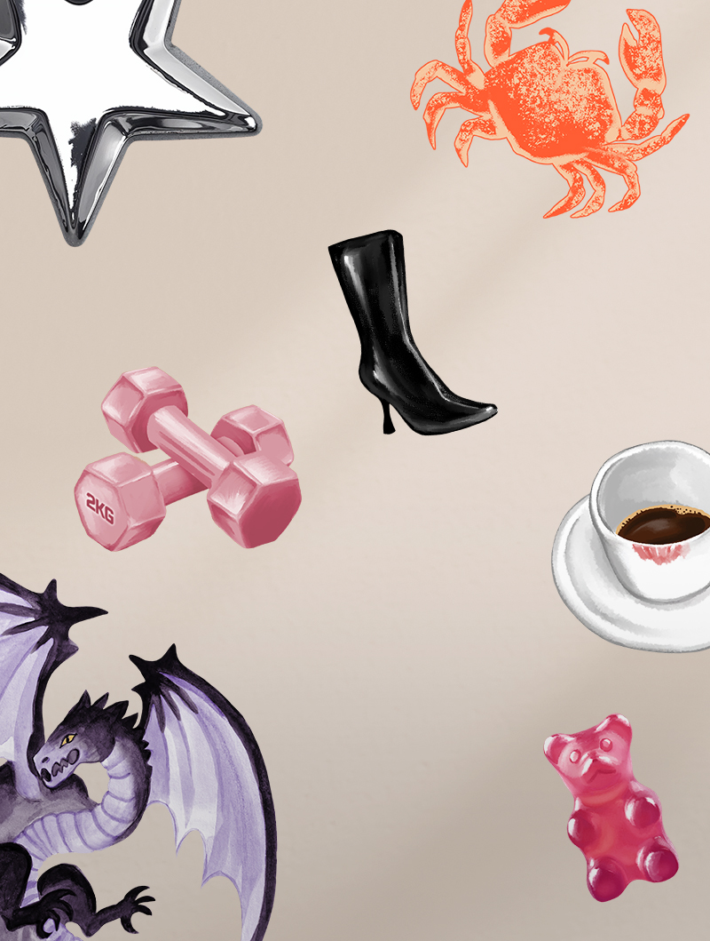 A collage of random objects including a star, crab, dumbbells, a boot, coffee, a dragon, and a gummy bear.
