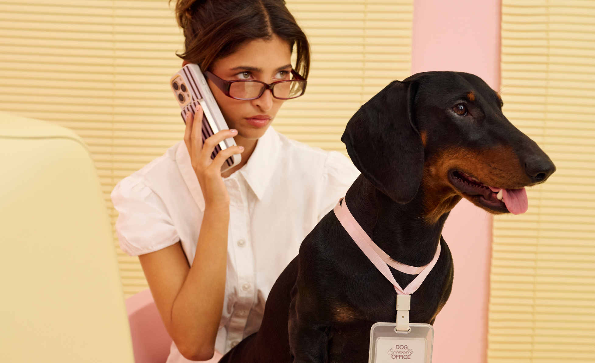 Person talking on phone with a dog wearing a badge in an office setting.