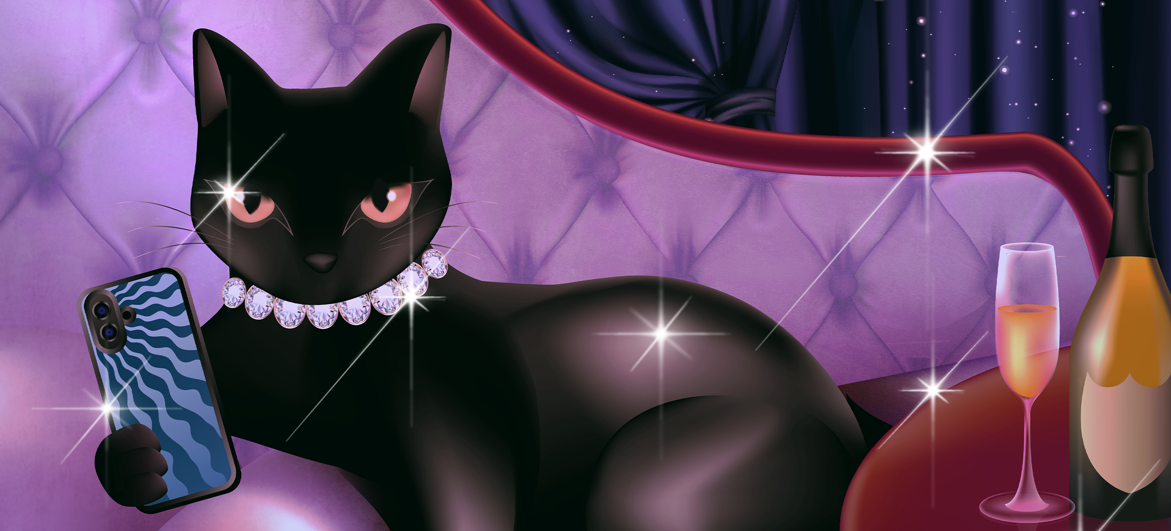 Black cat with diamond necklace, holding smartphone, near champagne bottle and glass.