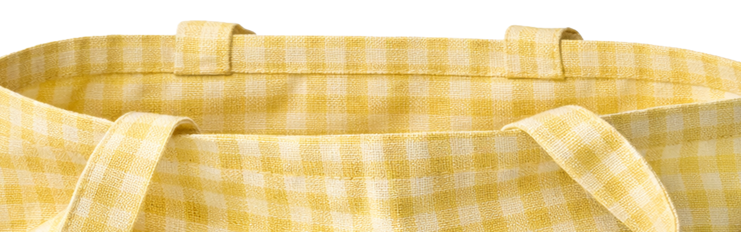 A close-up of a yellow and white gingham tote bag with handles against a white background.