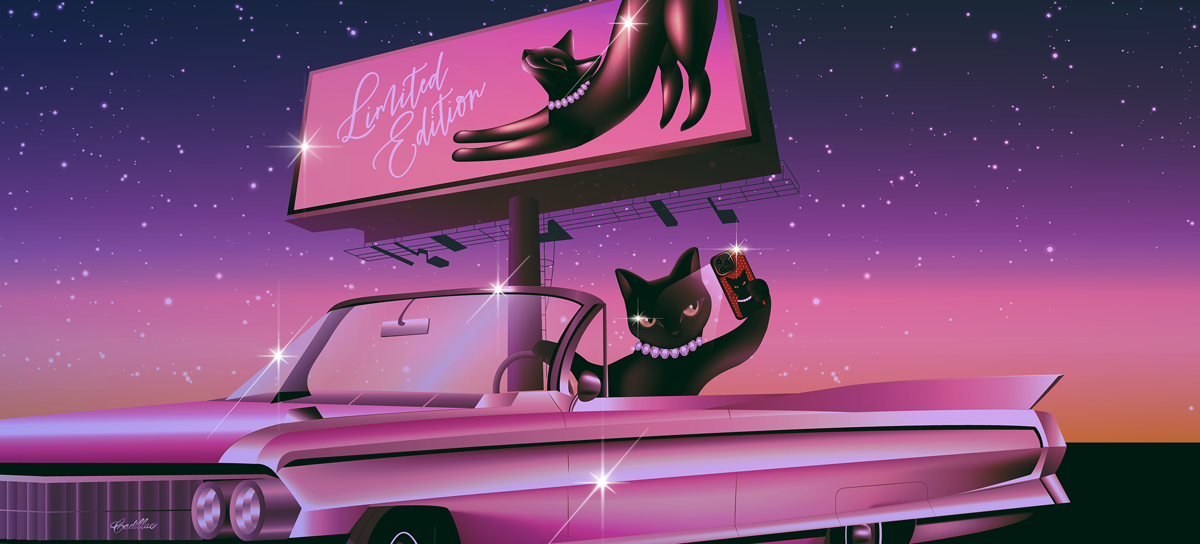 Cat in car taking selfie under starry sky, billboard overhead.