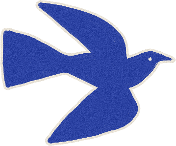 A stylized, textured blue drawing of a bird in flight with a light-colored outline.
