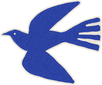 A stylized, textured blue illustration of a bird in flight against a white background.