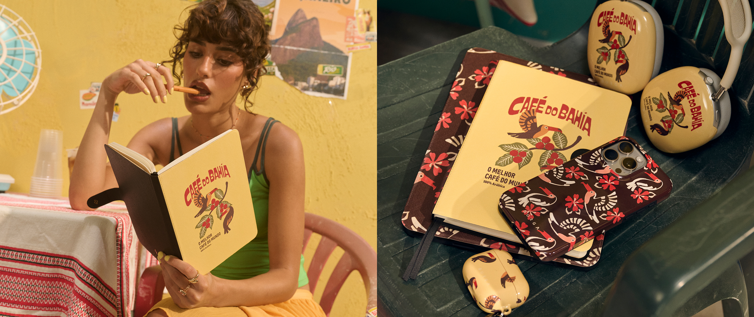 Person reading a book titled 'Café do Bahia' with matching themed accessories.