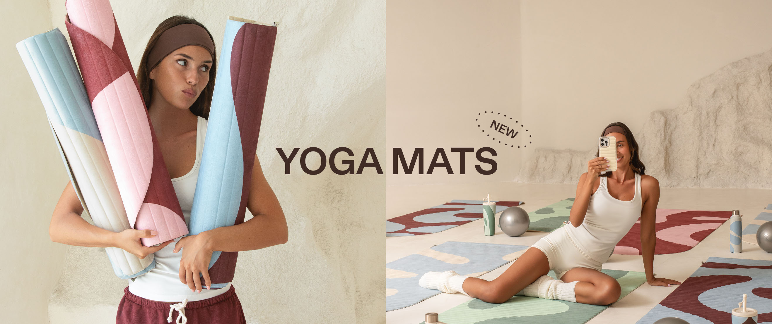 Woman holding yoga mats and taking a selfie on colorful yoga mats.