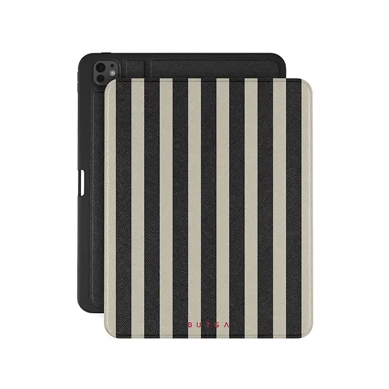 A black tablet folio case with a black and cream vertically striped cover.