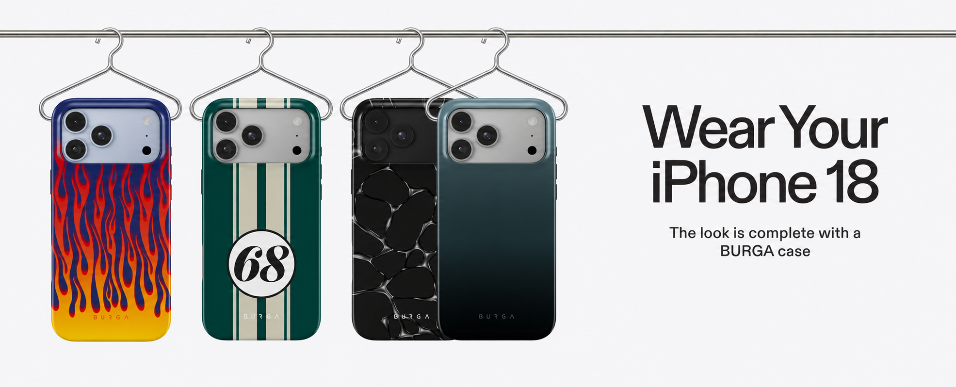 Four different iPhone cases with various designs hanging on wire hangers from a rack.