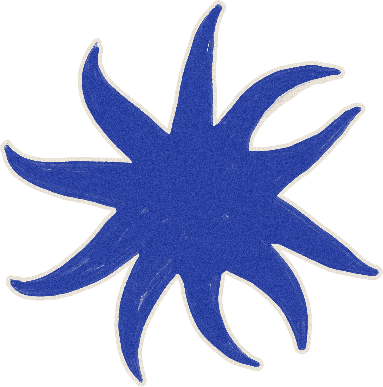 A hand-drawn, textured blue star-like shape with nine points and a cream-colored outline.