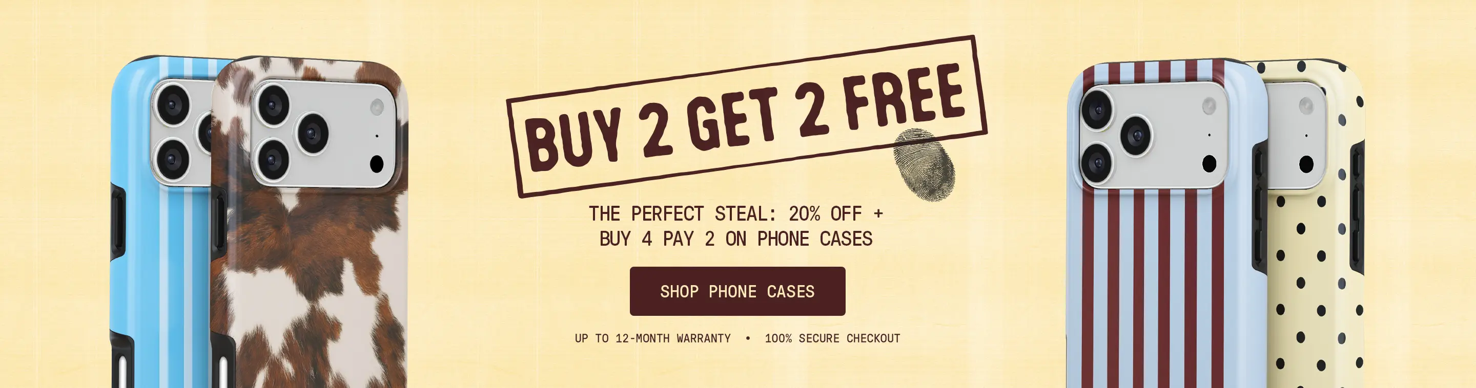 A promotional banner for phone cases with various patterns and text that reads 'Buy 2 Get 2 Free.'